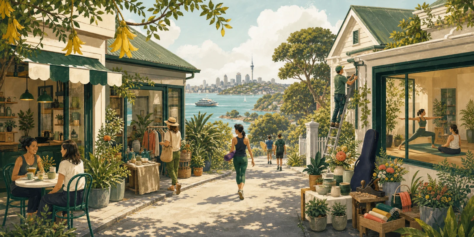 Illustrated Auckland neighbourhood with cafés, local shops, wellness, fitness, home services and coastal activities