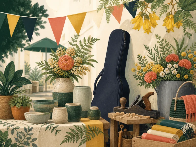 Illustrated local community market with creative goods