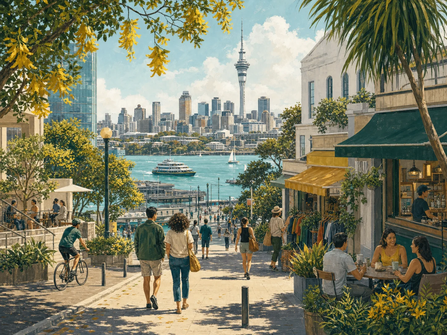 Illustrated Auckland CBD waterfront with the Sky Tower, ferries, cafés and people exploring on foot