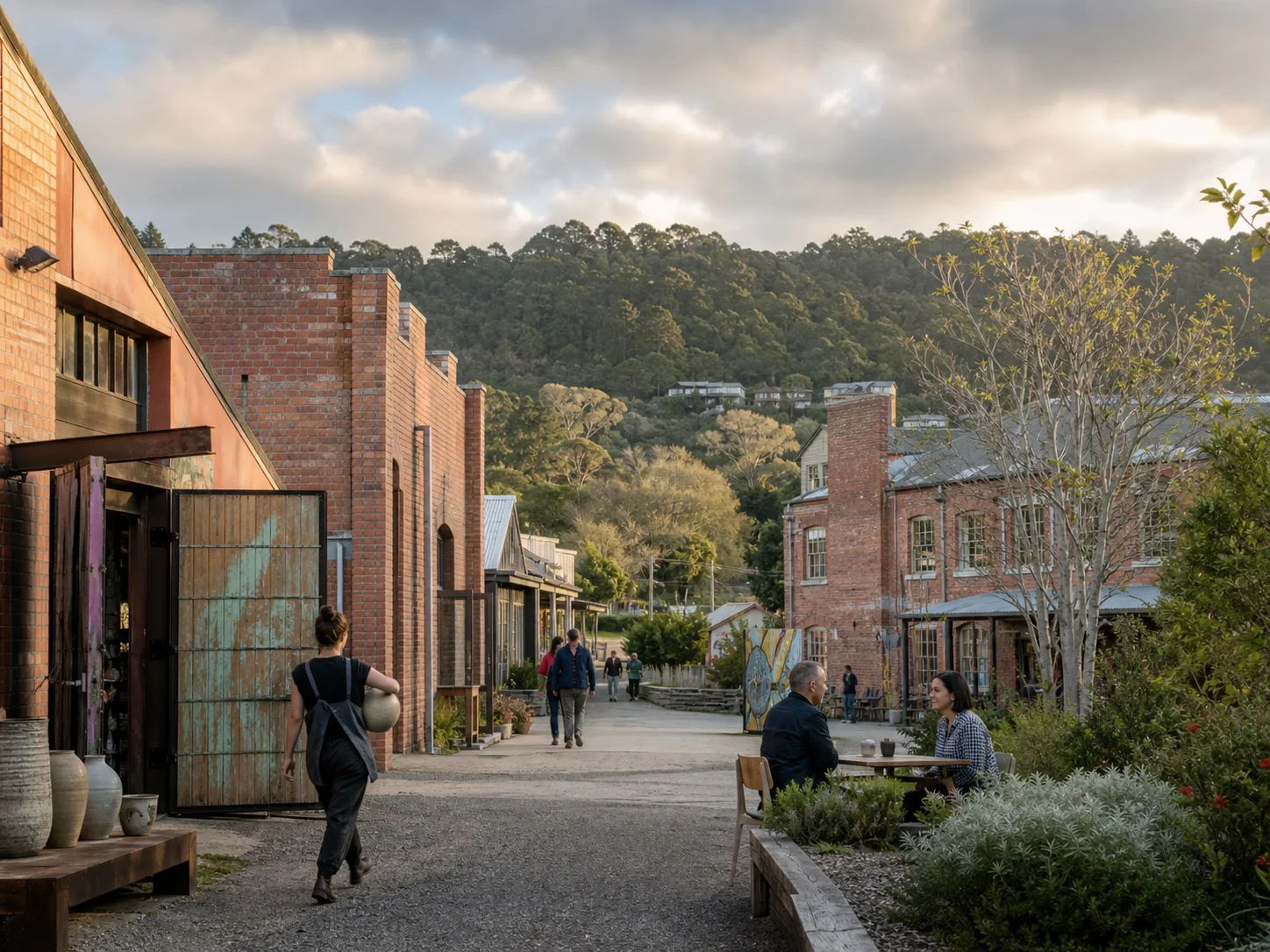 Henderson heritage brick arts precinct with local makers and the Waitākere foothills beyond