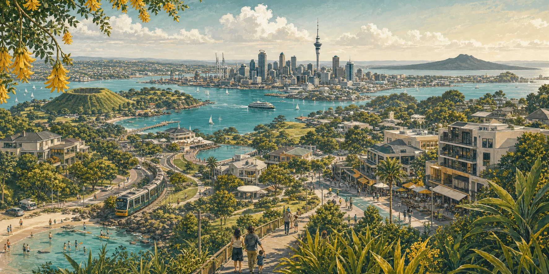 Illustrated panorama of the Auckland region with the harbour, Sky Tower, Rangitoto, volcanic cones and leafy neighbourhoods